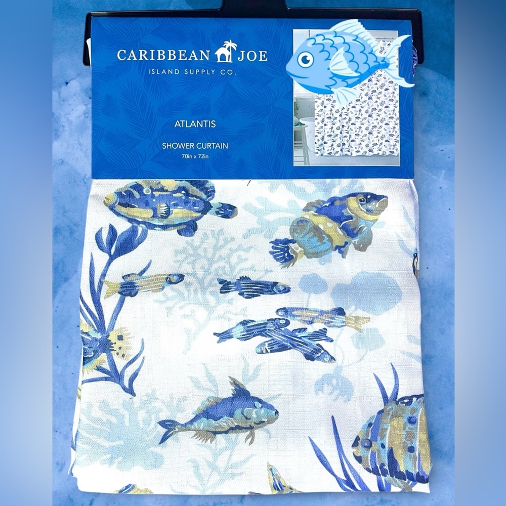 Sea Life Shower Curtain Atlantis Fish Ocean Coral Blue White Caribbean Joe NWT